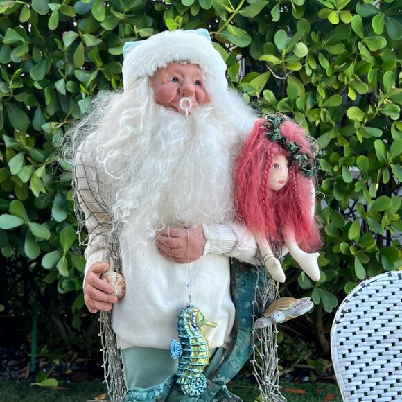Large Artist Signed 2002 Tropical SANTA with Mermaid Seahorse Shells on Beach - Picture 2 of 16